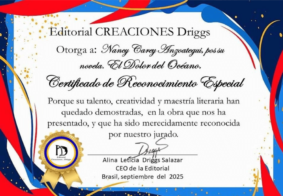 Contratapa del libro El dolor del oc&eacute;ano: voces no escuchadas de Nancy Carey Anzoategui