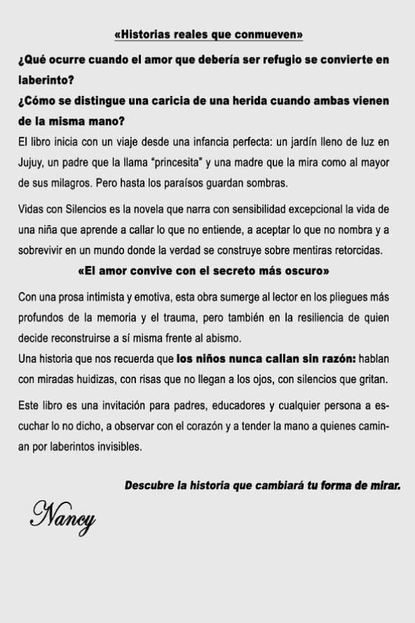 Contratapa del libro Vidas con silecios: Secretos oscuros de Nancy Carey Anzoategui